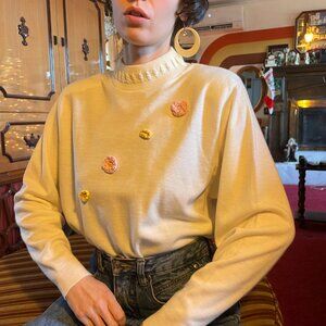 90s white acrylic floral 3D knit mockneck sweater - Made in canada!